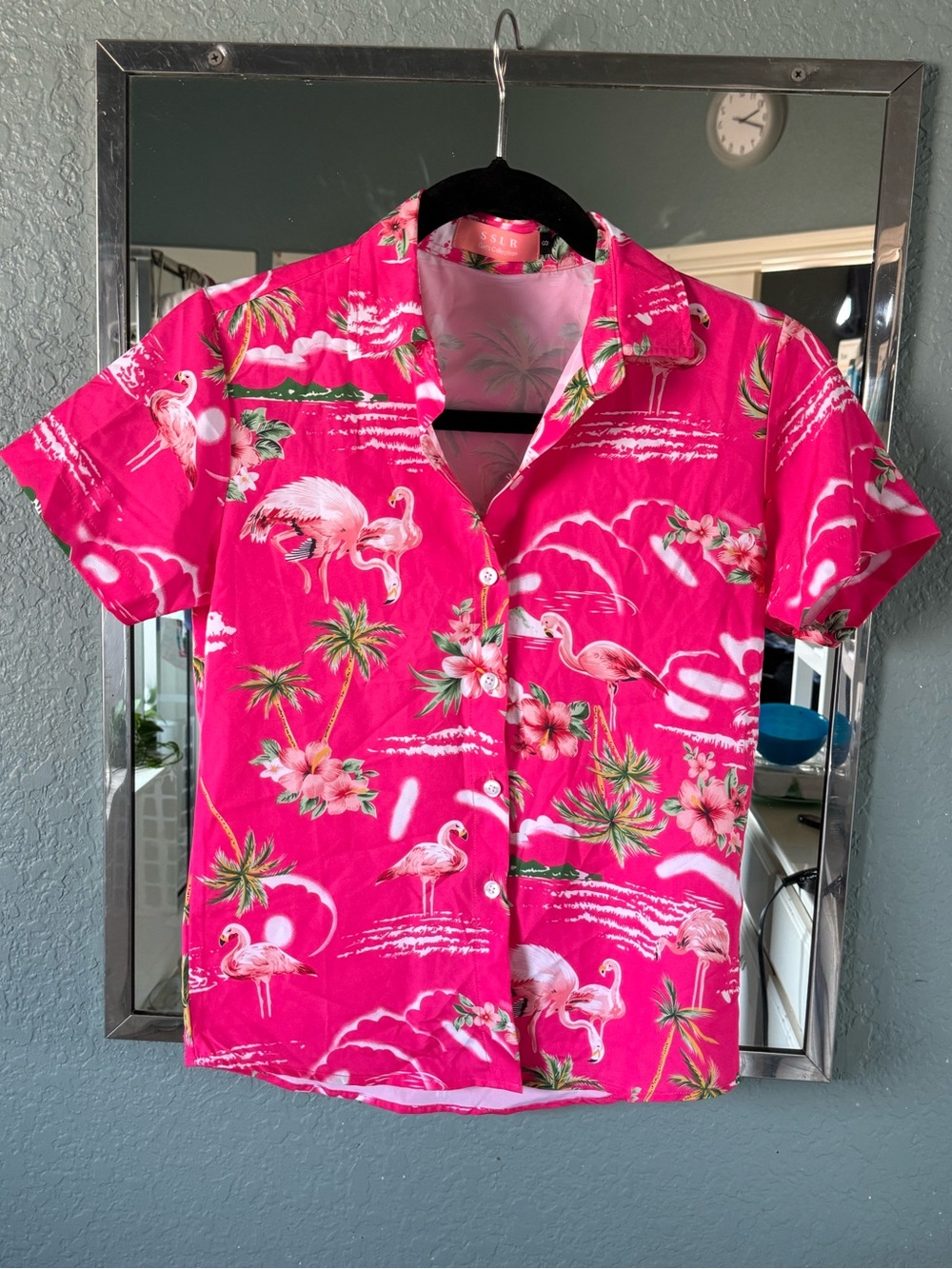Hot Pink Girl’s Flamingo Hawaiian Button-Up Shirt Size Small